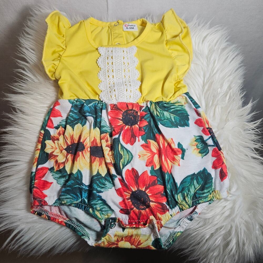 PatPat Baby Girl Sunflower Romper One-Piece Yellow Floral 6-9 Months